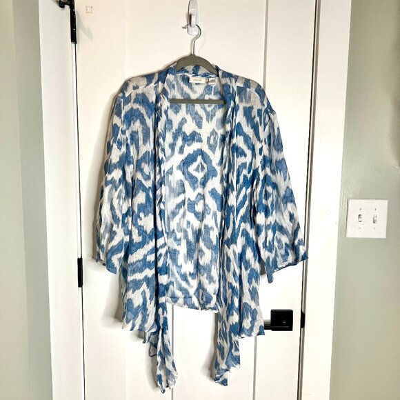 Chico's 100% Linen Blue White Boho Wrap Shawl Duster Lightweight Open Front XXL - Picture 1 of 3